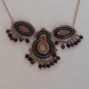 FUN Bohemian Statement Necklace Silver Tone Women's Necklace Black Brown